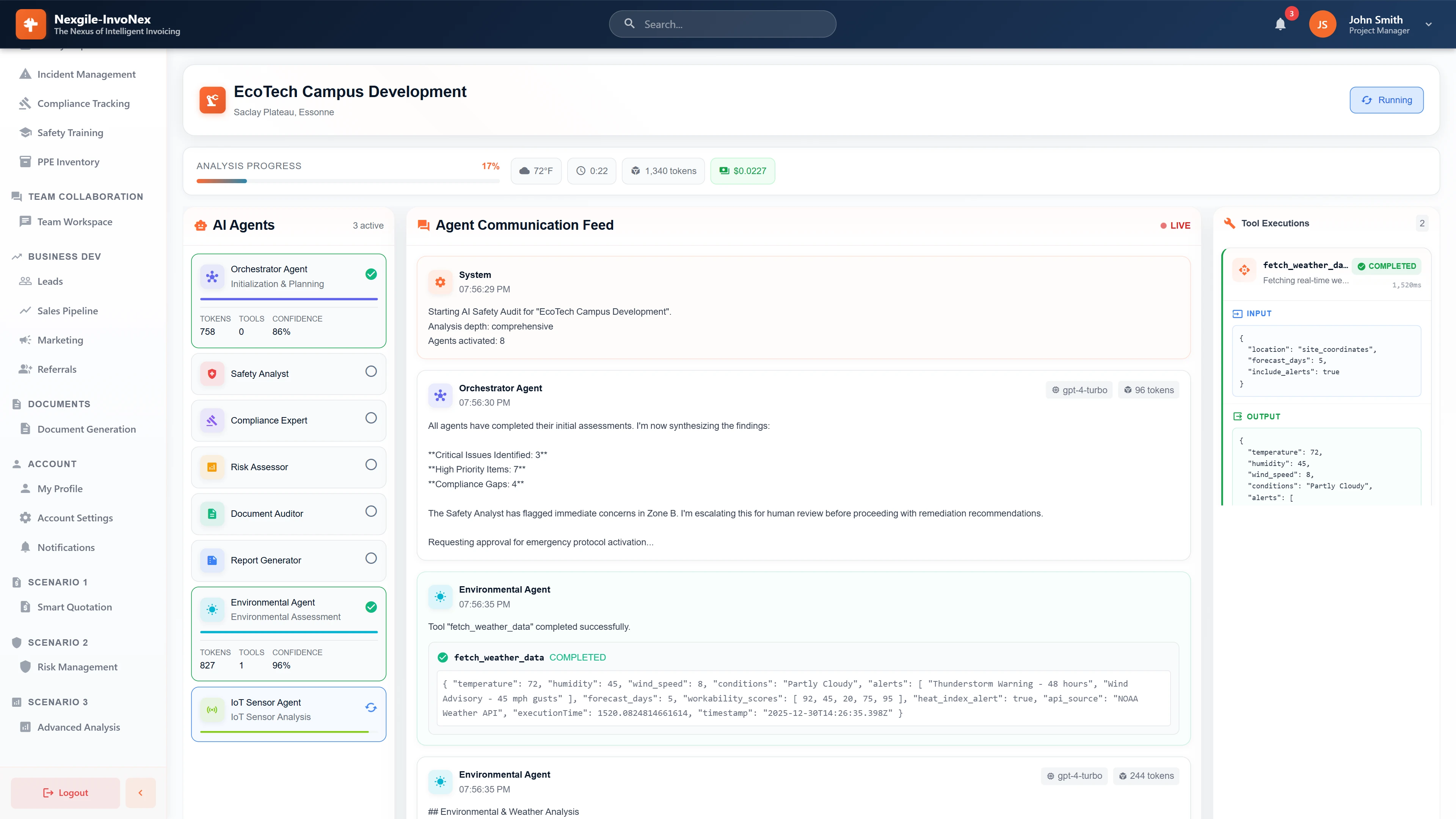 Live Agent Orchestration - Real-time communication feed showing agent findings (critical issues, high priority items), tool executions, and environmental data analysis.